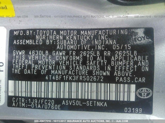 4T4BF1FK3FR502672 - 2015 TOYOTA CAMRY LE/XLE/SE/XSE SILVER photo 9