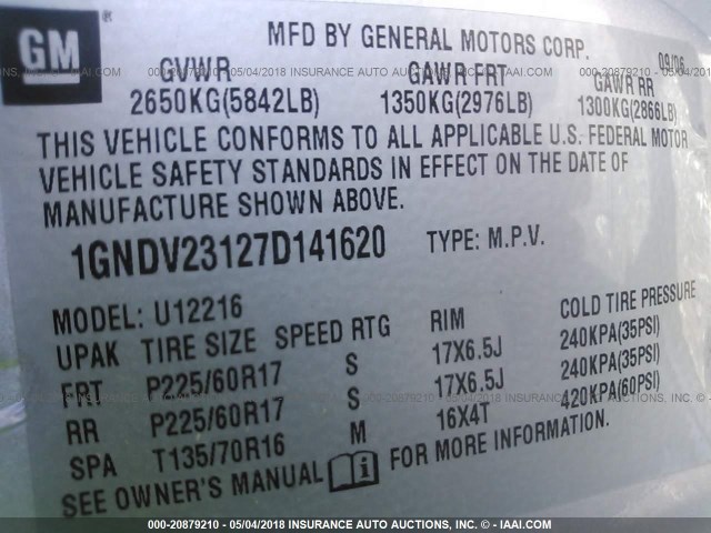 1GNDV23127D141620 - 2007 CHEVROLET UPLANDER LS SILVER photo 9