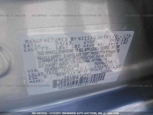 3N1CE2CPXEL377970 - 2014 NISSAN VERSA NOTE S/S PLUS/SV/SL SILVER photo 9