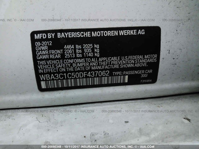 WBA3C1C50DF437062 - 2013 BMW 328 I SULEV WHITE photo 9