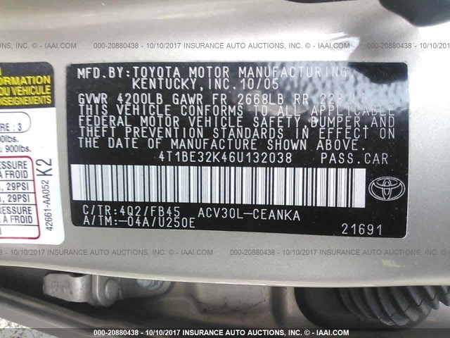 4T1BE32K46U132038 - 2006 TOYOTA CAMRY LE/XLE/SE TAN photo 9