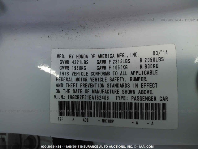 1HGCR2F51EA182408 - 2014 HONDA ACCORD SPORT 白色 照片 9