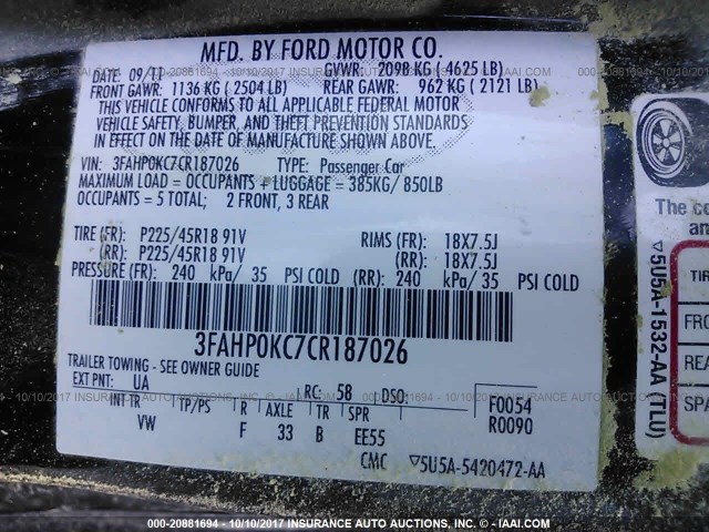 3FAHP0KC7CR187026 - 2012 FORD FUSION SPORT BLACK photo 9