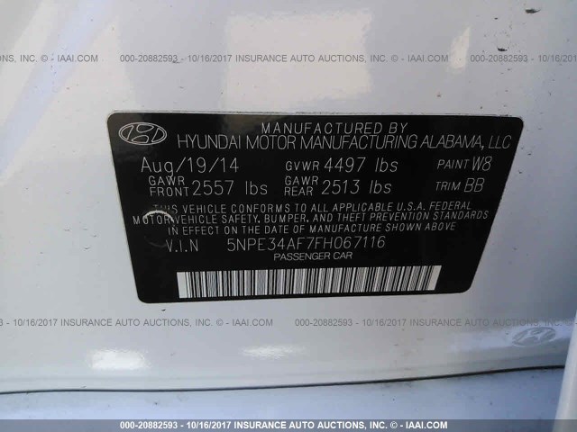 5NPE34AF7FH067116 - 2015 HYUNDAI SONATA SPORT/LIMITED WHITE photo 9