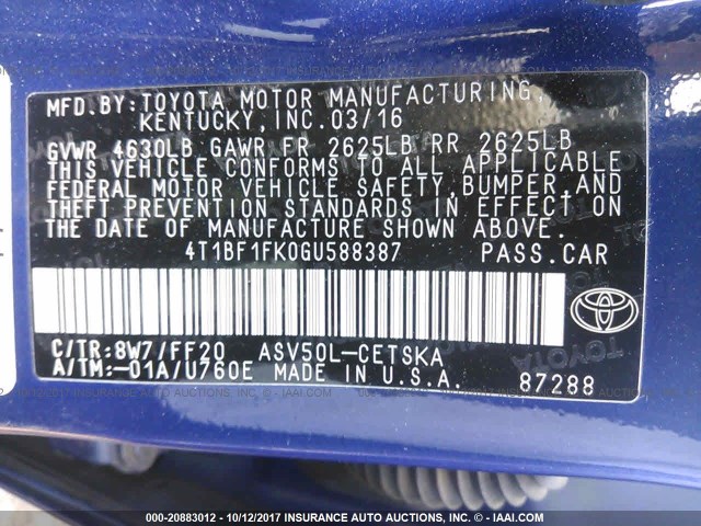 4T1BF1FK0GU588387 - 2016 TOYOTA CAMRY LE/XLE/SE/XSE BLUE photo 9