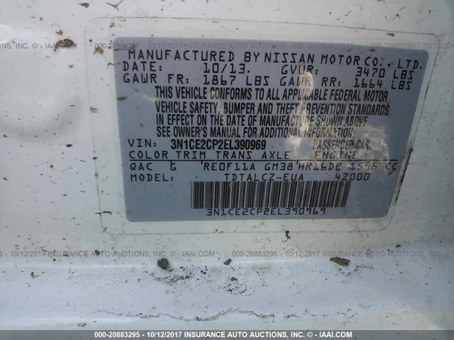 3N1CE2CP2EL390969 - 2014 NISSAN VERSA NOTE S/S PLUS/SV/SL WHITE photo 9