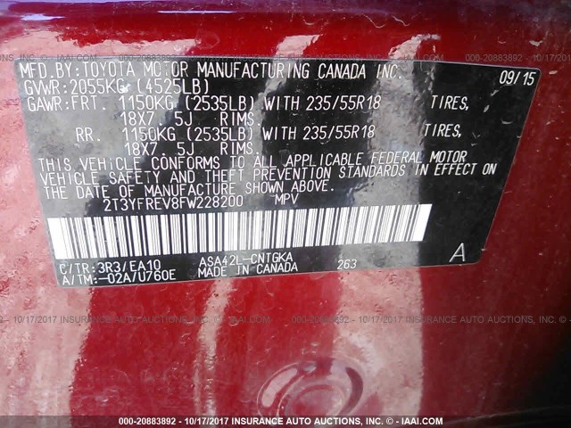 2T3YFREV8FW228200 - 2015 TOYOTA RAV4 LIMITED RED photo 9