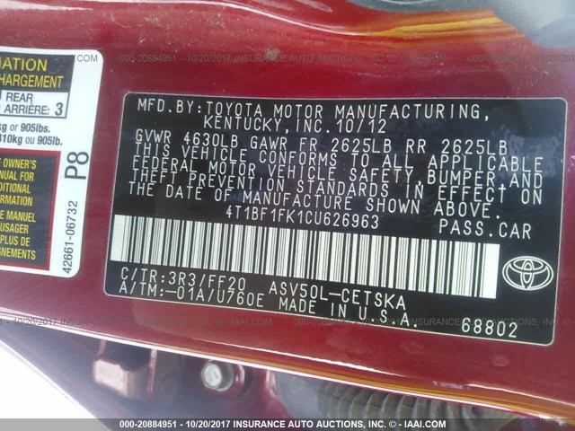 4T1BF1FK1CU626963 - 2012 TOYOTA CAMRY SE/LE/XLE RED photo 9