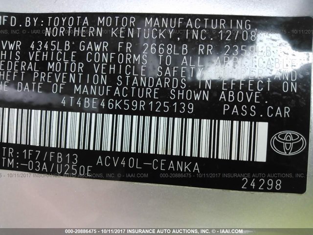 4T4BE46K59R125139 - 2009 TOYOTA CAMRY SE/LE/XLE SILVER photo 9