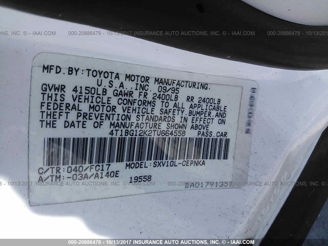 4T1BG12K2TU664558 - 1996 TOYOTA CAMRY DX/LE/XLE WHITE photo 9