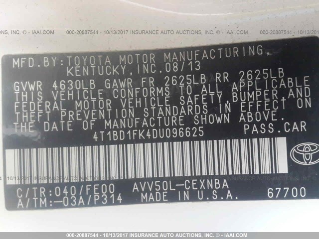 4T1BD1FK4DU096625 - 2013 TOYOTA CAMRY HYBRID/LE/XLE 白色 照片 9