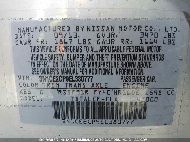 3N1CE2CP9EL380777 - 2014 NISSAN VERSA NOTE S/S PLUS/SV/SL SILVER photo 9