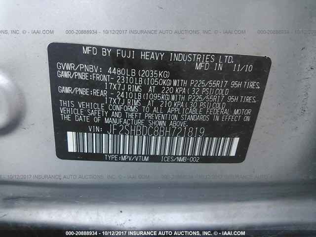 JF2SHBDC8BH721819 - 2011 SUBARU FORESTER 2.5X PREMIUM SILVER photo 9