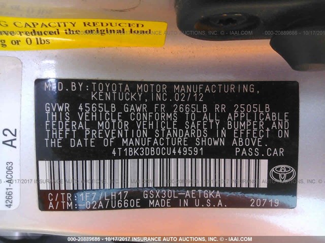 4T1BK3DB0CU449591 - 2012 TOYOTA AVALON LIMITED SILVER photo 9