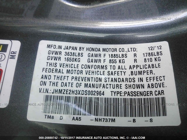 JHMZE2H3XDS002964 - 2013 HONDA INSIGHT GRAY photo 9