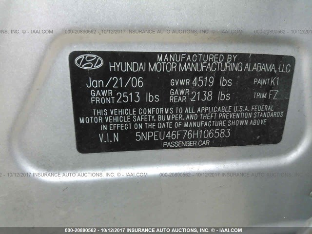 5NPEU46F76H106583 - 2006 HYUNDAI SONATA GLS/LX SILVER photo 9