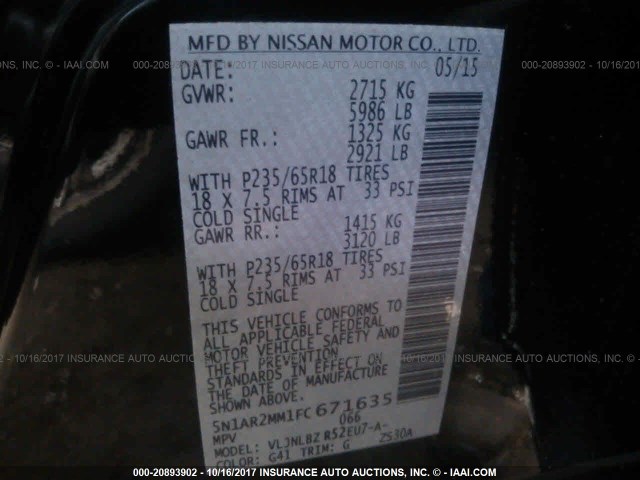 5N1AR2MM1FC671635 - 2015 NISSAN PATHFINDER S/SV/SL/PLATINUM 黑色 照片 9