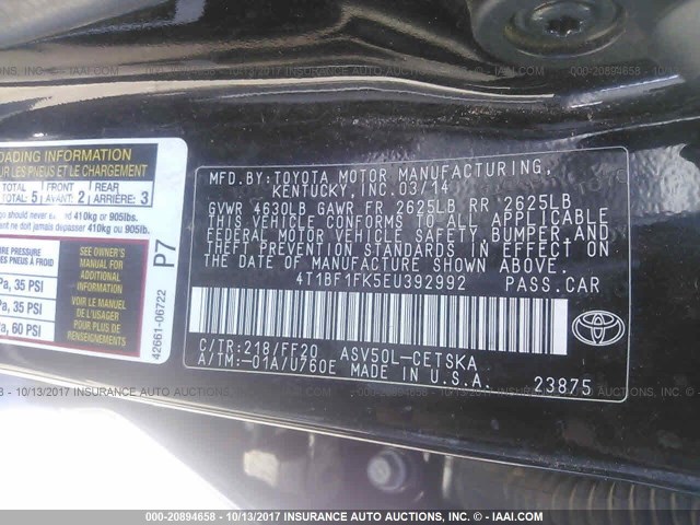 4T1BF1FK5EU392992 - 2014 TOYOTA CAMRY L/SE/LE/XLE 黑色 照片 9