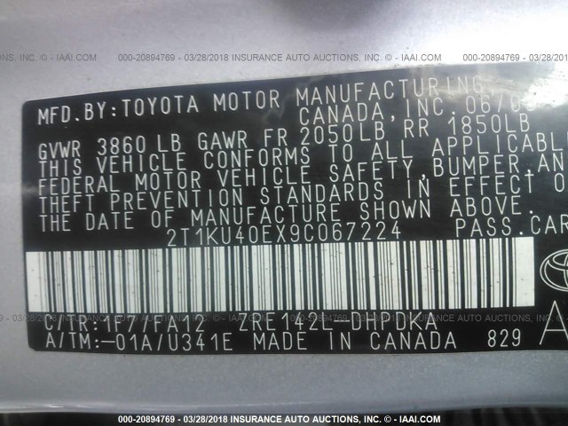 2T1KU40EX9C067224 - 2009 TOYOTA COROLLA MATRIX  SILVER photo 9
