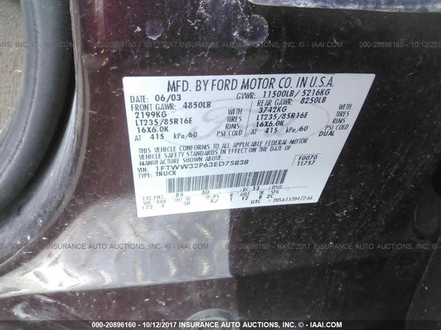 1FTWW32P63ED75838 - 2003 FORD F350 SUPER DUTY MAROON photo 9