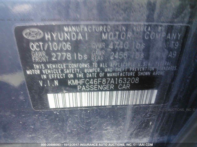 KMHFC46F87A163208 - 2007 HYUNDAI AZERA SE/LIMITED Dark Blue photo 9