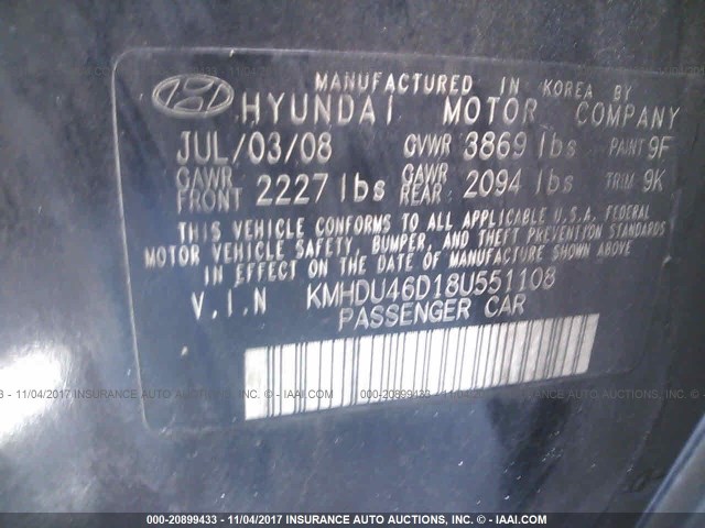 KMHDU46D18U551108 - 2008 HYUNDAI ELANTRA GLS/SE/LIMITED BLACK photo 9