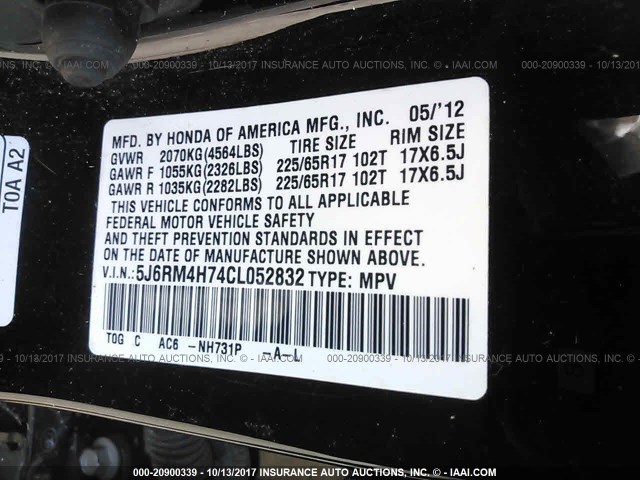 5J6RM4H74CL052832 - 2012 HONDA CR-V EXL BLACK photo 9