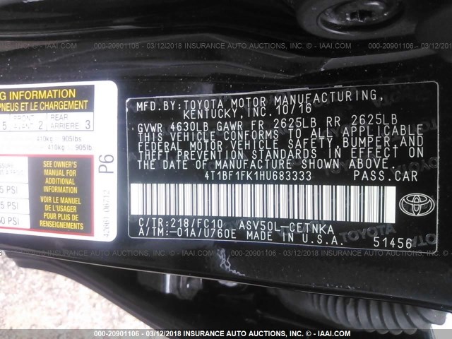 4T1BF1FK1HU683333 - 2017 TOYOTA CAMRY LE/XLE/SE/XSE Schwarz Foto 9