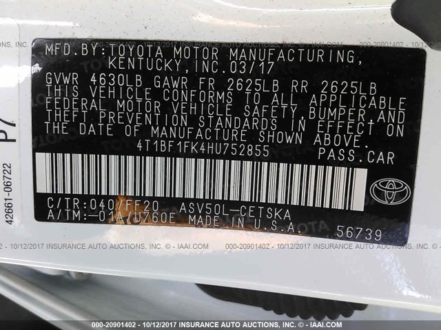 4T1BF1FK4HU752855 - 2017 TOYOTA CAMRY LE/XLE/SE/XSE WHITE photo 9