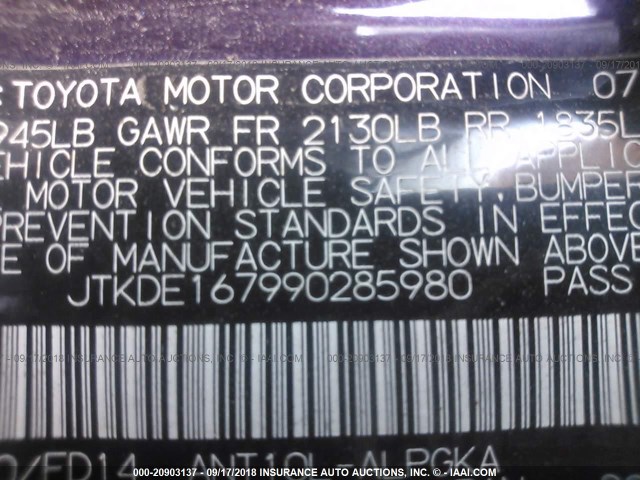 JTKDE167990285980 - 2009 TOYOTA SCION TC 紫色 照片 9