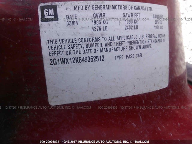 2G1WX12K849362513 - 2004 CHEVROLET MONTE CARLO SS RED photo 9