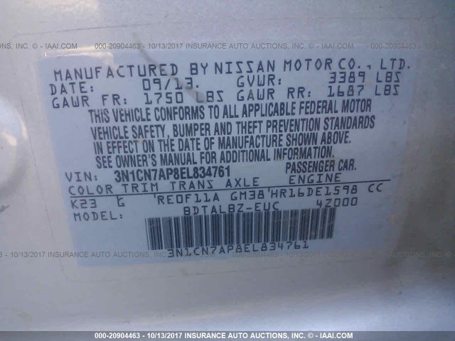 3N1CN7AP8EL834761 - 2014 NISSAN VERSA S/S PLUS/SV/SL SILVER photo 9