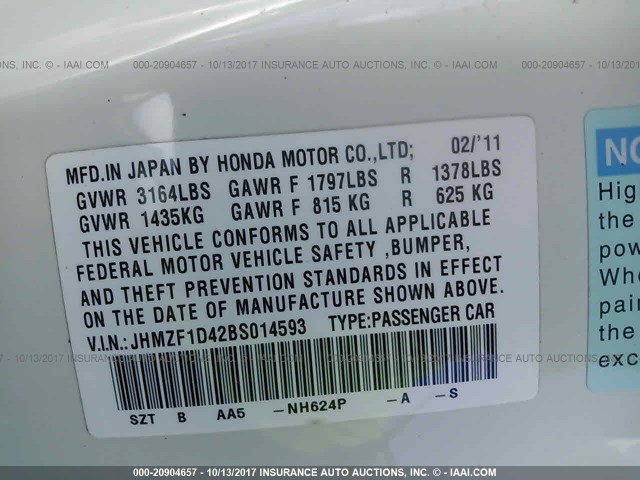 JHMZF1D42BS014593 - 2011 HONDA CR-Z WHITE photo 9