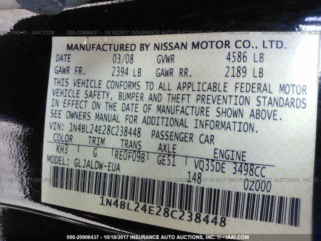 1N4BL24E28C238448 - 2008 NISSAN ALTIMA 3.5SE BLACK photo 9