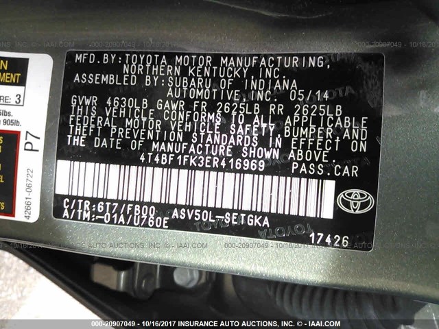 4T4BF1FK3ER416969 - 2014 TOYOTA CAMRY L/SE/LE/XLE 绿色 照片 9