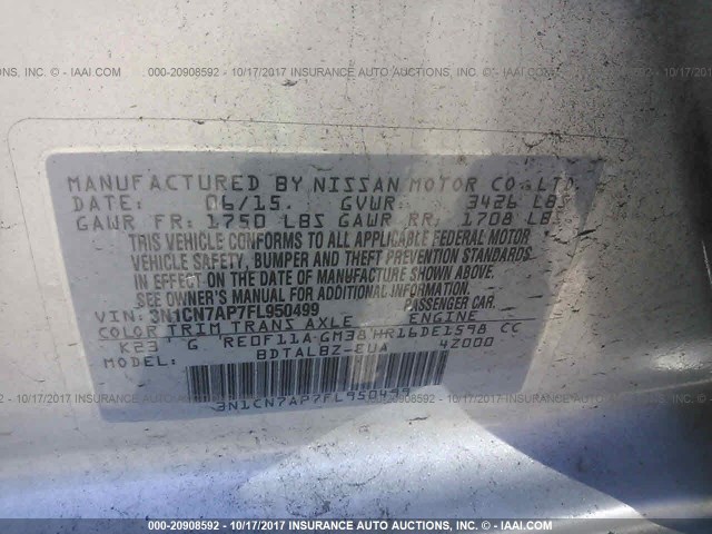 3N1CN7AP7FL950499 - 2015 NISSAN VERSA S/S PLUS/SV/SL SILVER photo 9