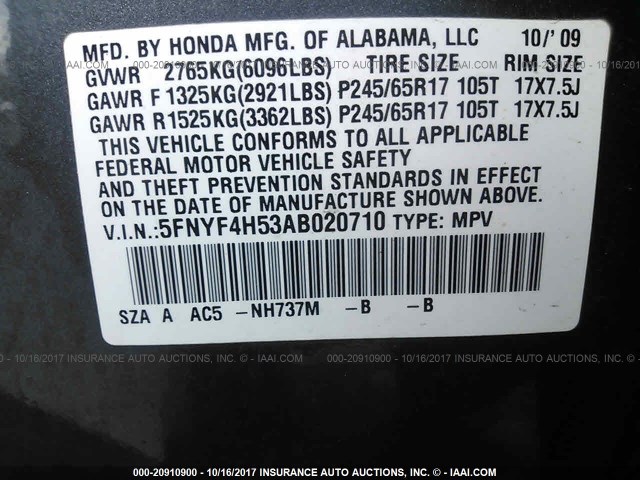 5FNYF4H53AB020710 - 2010 HONDA PILOT EXL GRAY photo 9