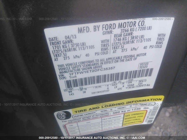 1FTFW1ET2DFC35357 - 2013 FORD F150 SUPERCREW GRAY photo 9