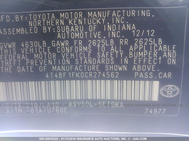 4T4BF1FK0CR274562 - 2012 TOYOTA CAMRY SE/LE/XLE Черный фото 9