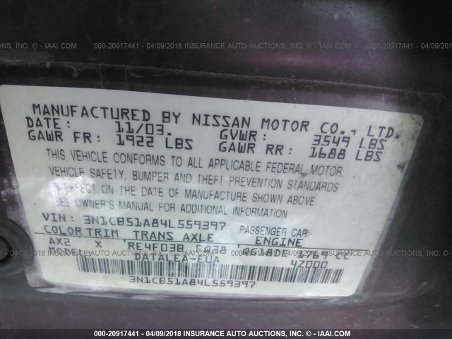 3N1CB51A84L559397 - 2004 NISSAN SENTRA 1.8S RED photo 9