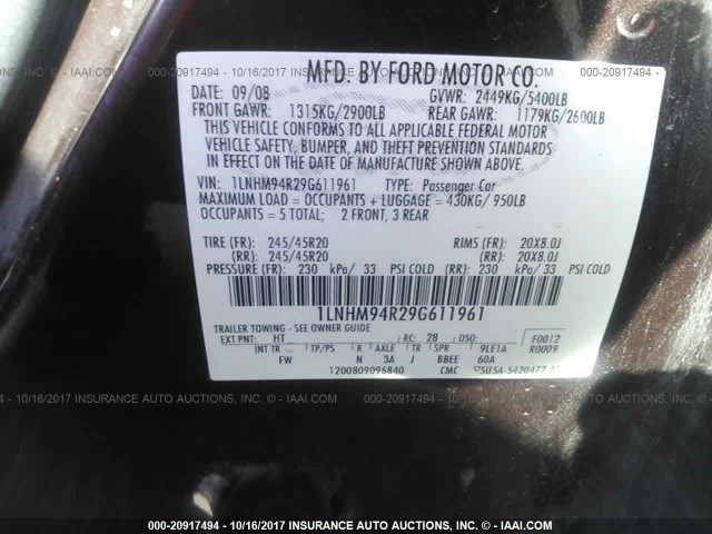 1LNHM94R29G611961 - 2009 LINCOLN MKS BURGUNDY photo 9