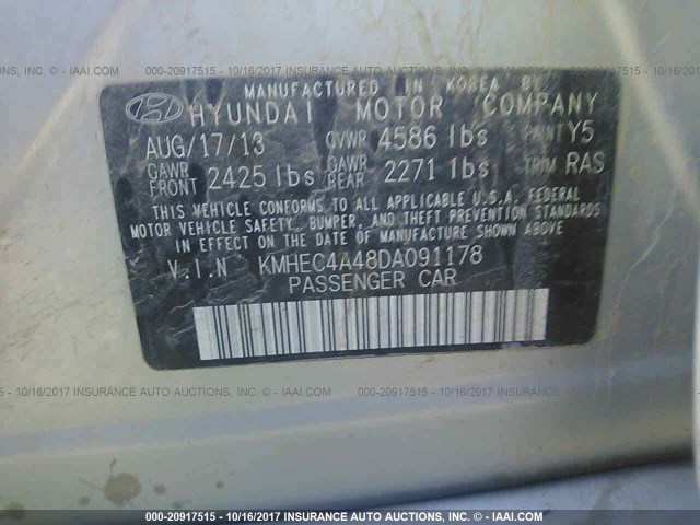 KMHEC4A48DA091178 - 2013 HYUNDAI SONATA HYBRID SILVER photo 9