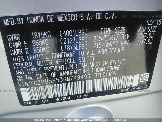 3CZRU5H53GM749496 - 2016 HONDA HR-V EX SILVER photo 9