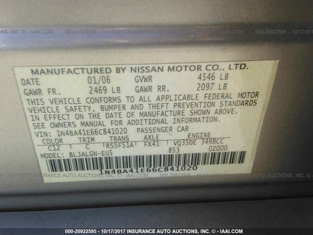 1N4BA41E66C841020 - 2006 NISSAN MAXIMA BEIGE photo 9