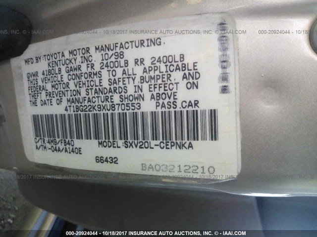 4T1BG22K9XU870553 - 1999 TOYOTA CAMRY CE/LE/XLE 金色 照片 9