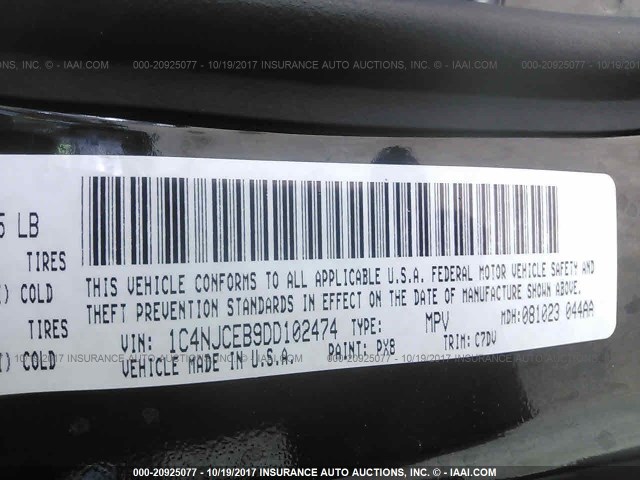 1C4NJCEB9DD102474 - 2013 JEEP COMPASS LATITUDE 黑色 照片 9