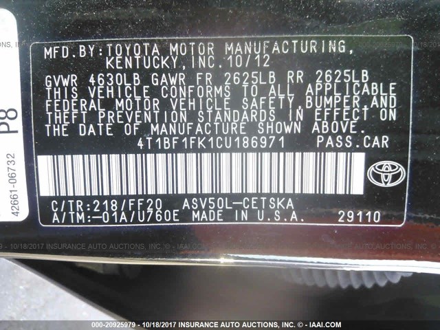 4T1BF1FK1CU186971 - 2012 TOYOTA CAMRY SE/LE/XLE შავი ფოტო 9