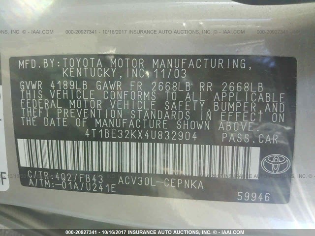 4T1BE32KX4U832904 - 2004 TOYOTA CAMRY LE/XLE/SE 棕色 照片 9