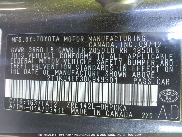 2T1KU4EE3DC949501 - 2013 TOYOTA COROLLA MATRIX  GRAY photo 9