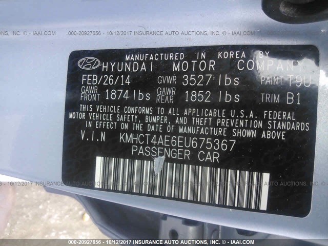 KMHCT4AE6EU675367 - 2014 HYUNDAI ACCENT GLS/GS BLUE photo 9